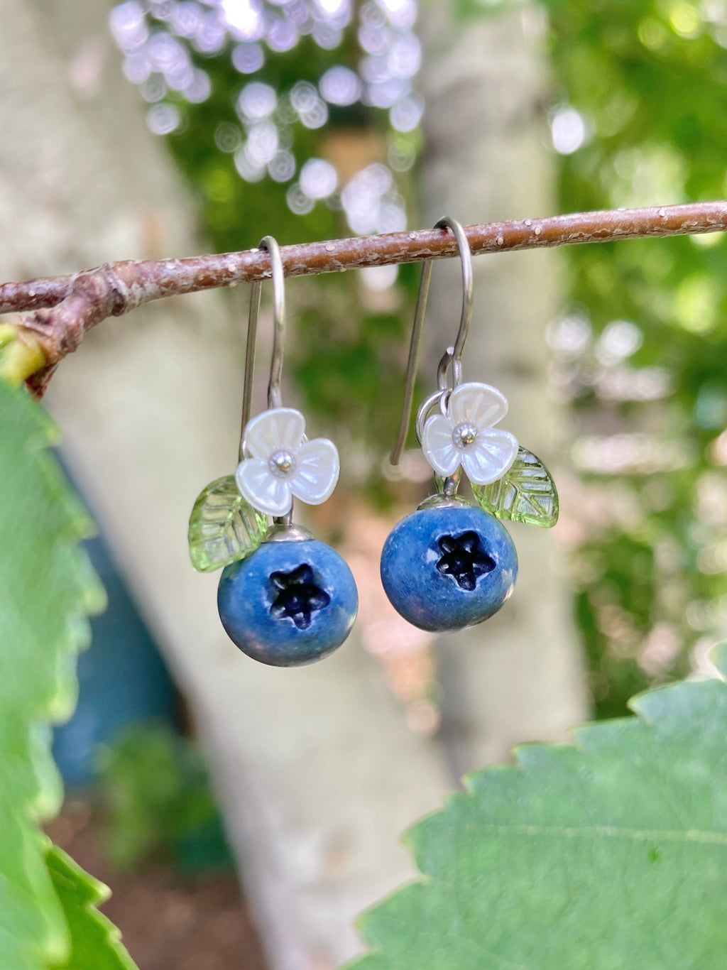 Blueberry Dangle Earrings with Leaves and Flowers
