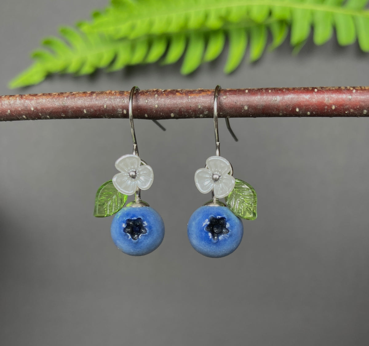 Blueberry Dangle Earrings with Leaves and Flowers