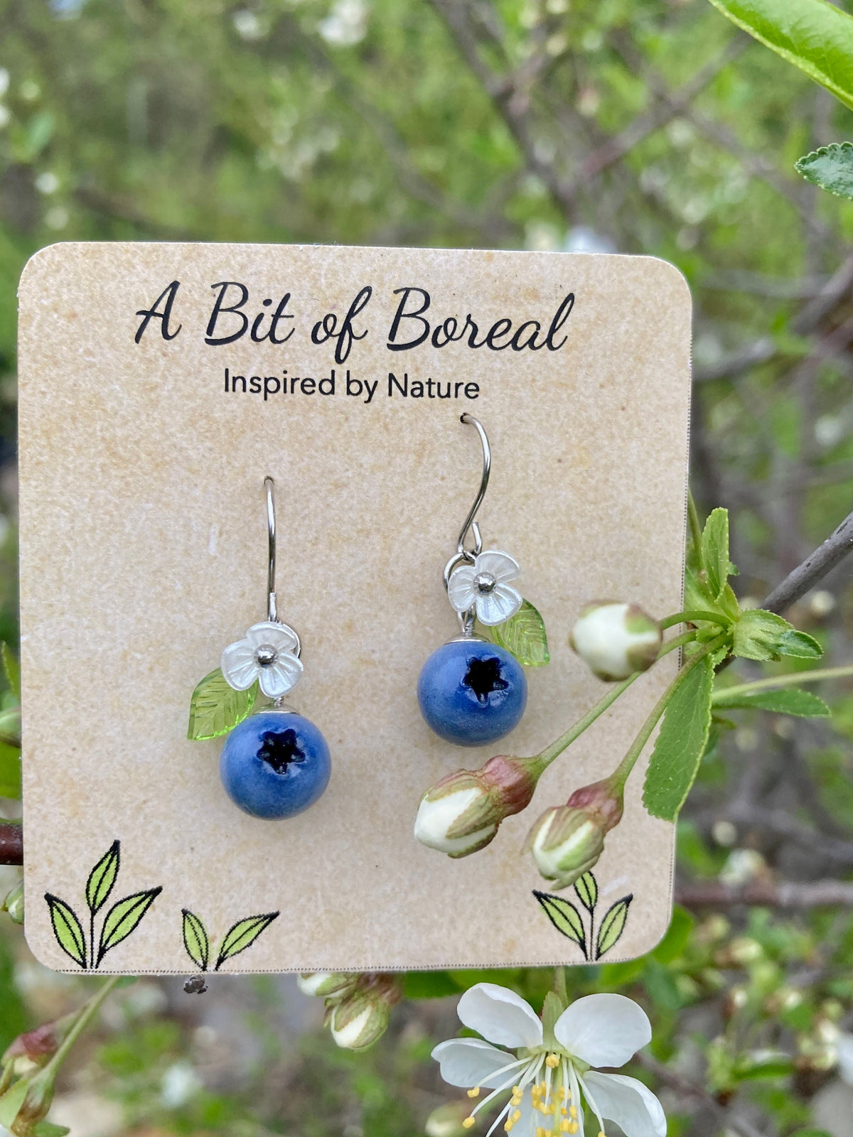Blueberry Dangle Earrings with Leaves and Flowers