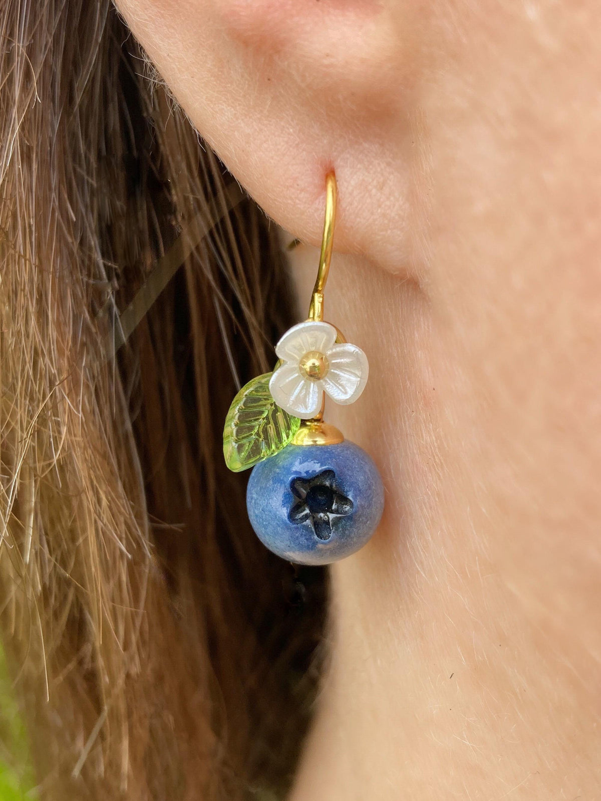 Blueberry Dangle Earrings with Leaves and Flowers