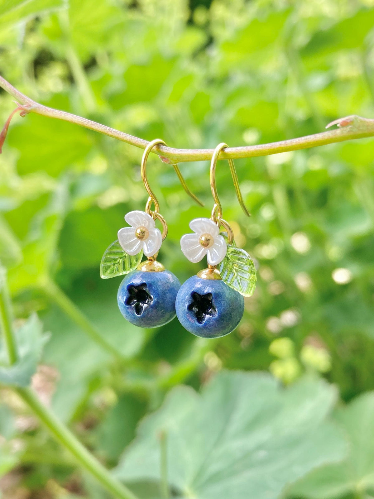Blueberry Dangle Earrings with Leaves and Flowers