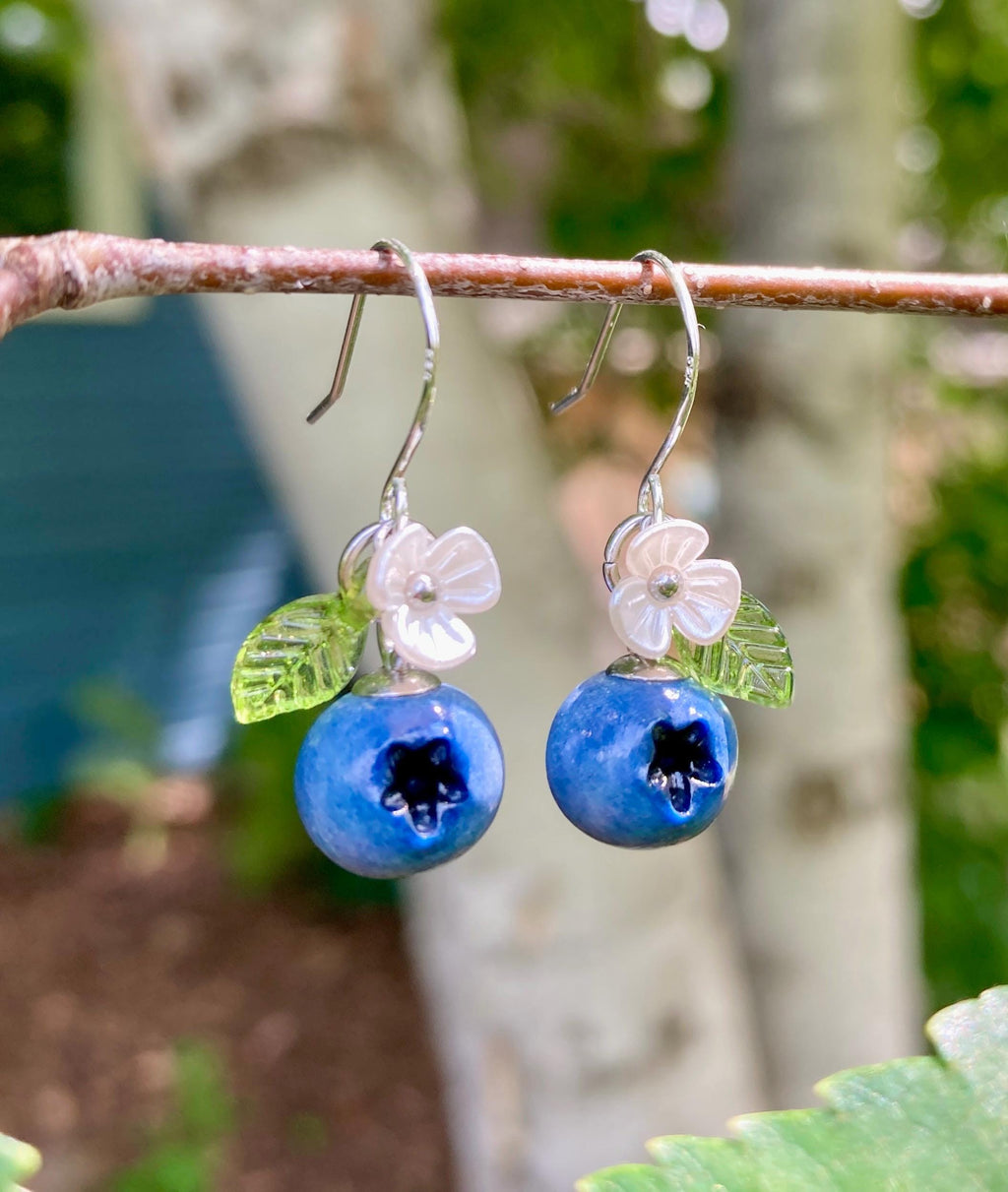 Blueberry Dangle Earrings with Leaves and Flowers