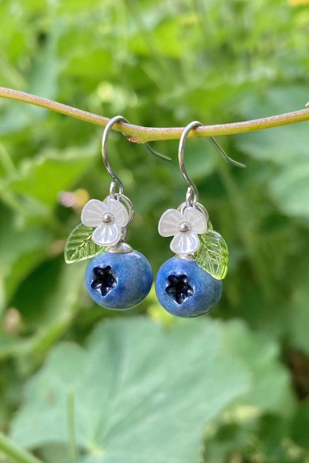 Blueberry Dangle Earrings with Leaves and Flowers