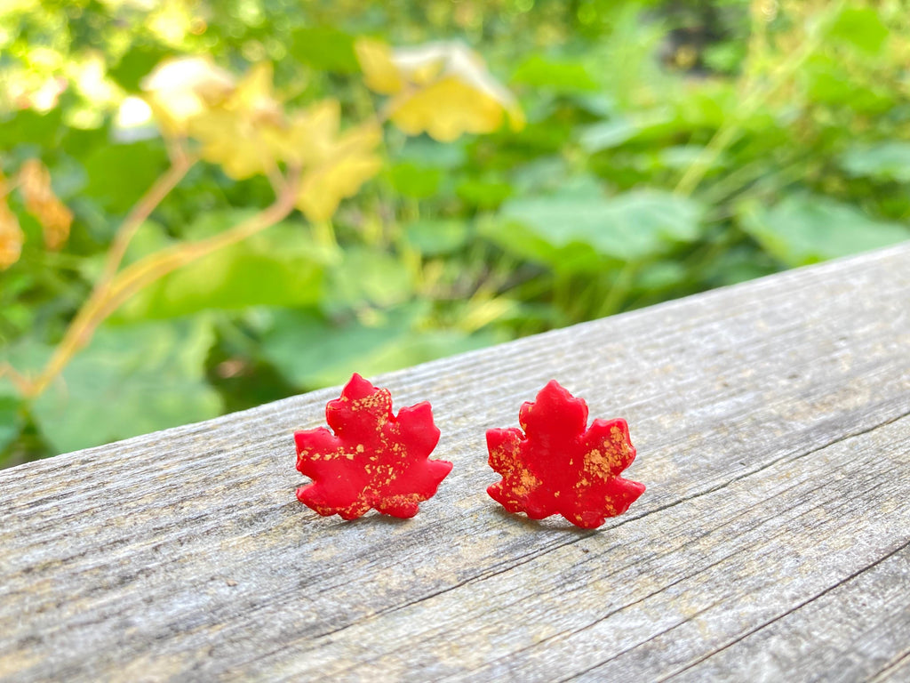 Red Maple Leaf Stud Earrings with Copper Accents