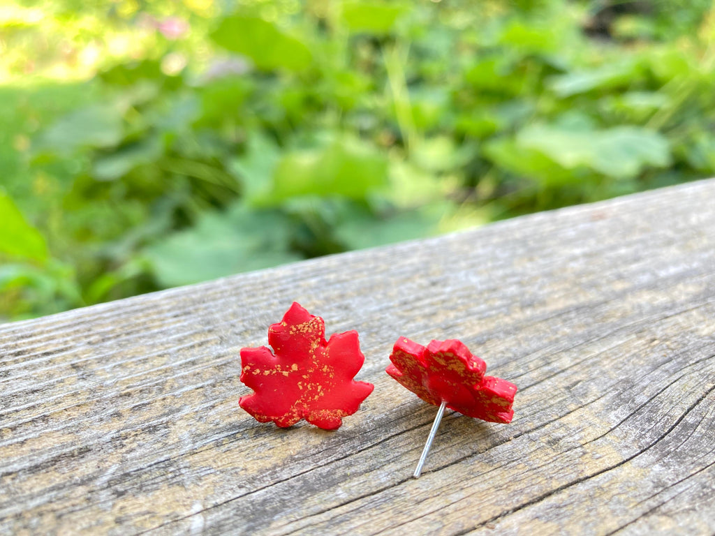 Red Maple Leaf Stud Earrings with Copper Accents