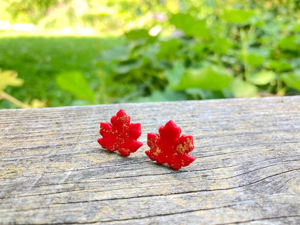 Red Maple Leaf Stud Earrings with Copper Accents