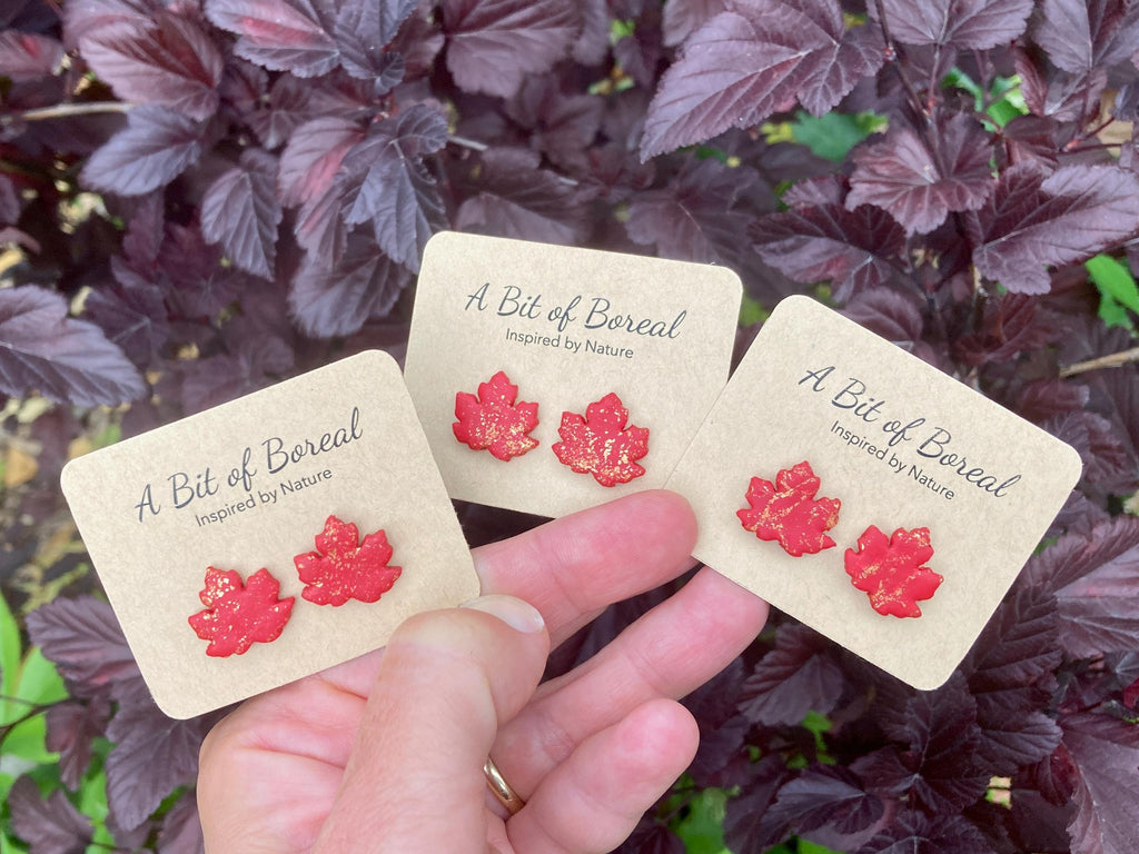 Red Maple Leaf Stud Earrings with Copper Accents
