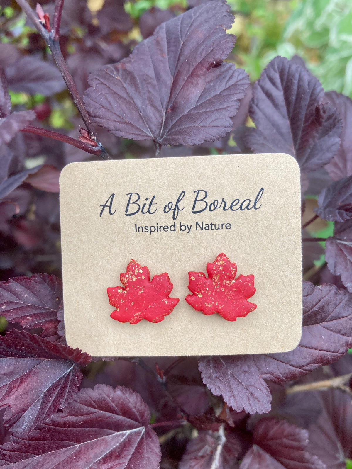 Red Maple Leaf Stud Earrings with Copper Accents